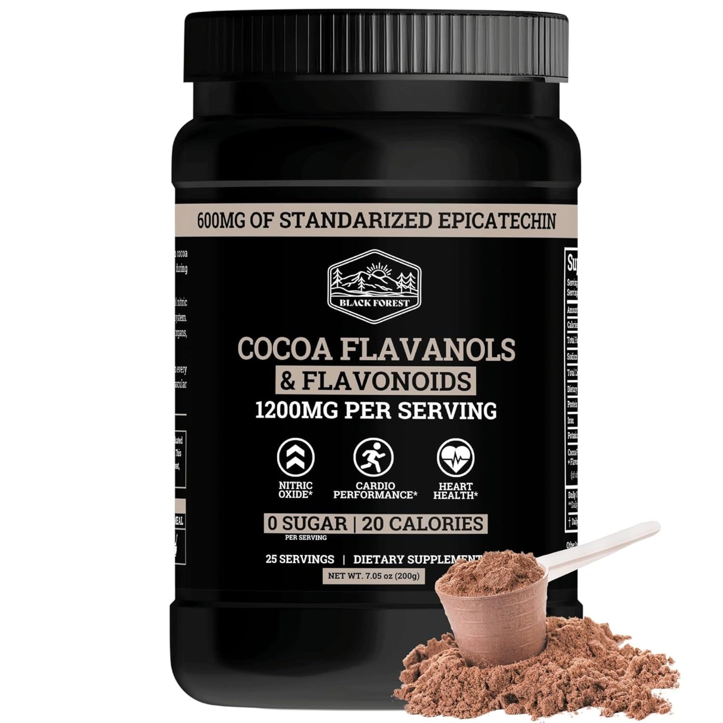 Black Forest High Flavanol Cocoa Powder (1200 mg cocoa flavanol and flavonoid supplement) has 10 times more than cocoa, 600 mg catechin supplement for heart health, nitric oxide and omega-3 energy