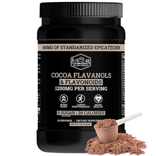 Black Forest High Flavanol Cocoa Powder (1200 mg cocoa flavanol and flavonoid supplement) has 10 times more than cocoa, 600 mg catechin supplement for heart health, nitric oxide and omega-3 energy