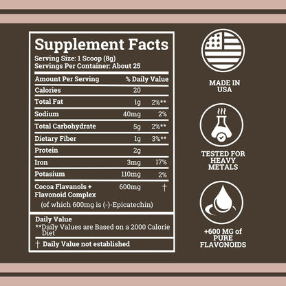 Black Forest High Flavanol Cocoa Powder (1200 mg cocoa flavanol and flavonoid supplement) has 10 times more than cocoa, 600 mg catechin supplement for heart health, nitric oxide and omega-3 energy